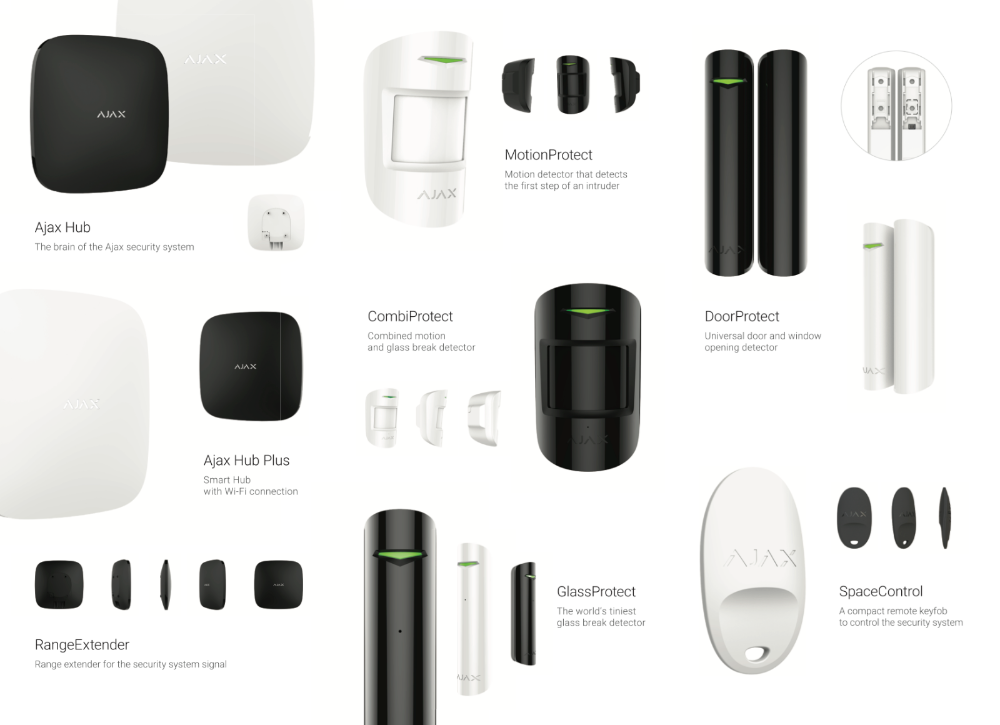 Ajax sikkerhedssystem, sensorer og hub enheder.