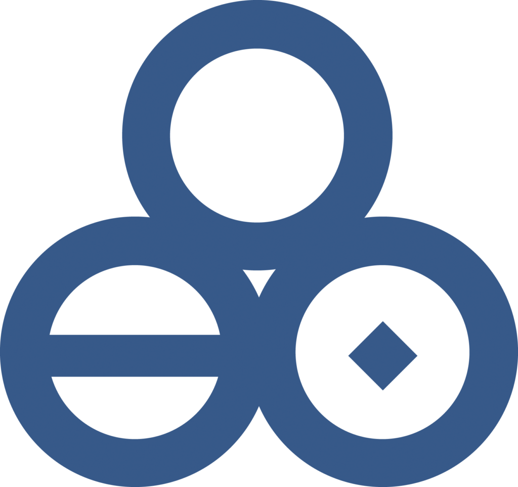 Blå geometriske former logo på hvid baggrund.